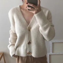 Зимний Кардиган с v-образным вырезом, женский свитер, вязаный кардиган из Джерси, Женский Золотой кардиган с большой пуговицей, осень, корейские свитера для женщин