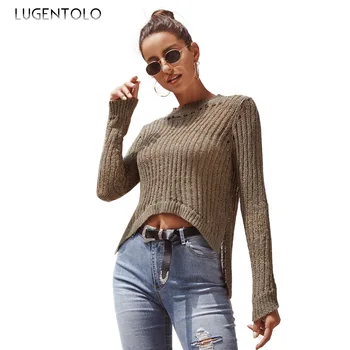 

Lugentolo Women Sweater Autumn Loing Sleeve O-neck Irregular Hollow Knit Slim Short Solid Casual Loose Lady Pullovers Sweaters