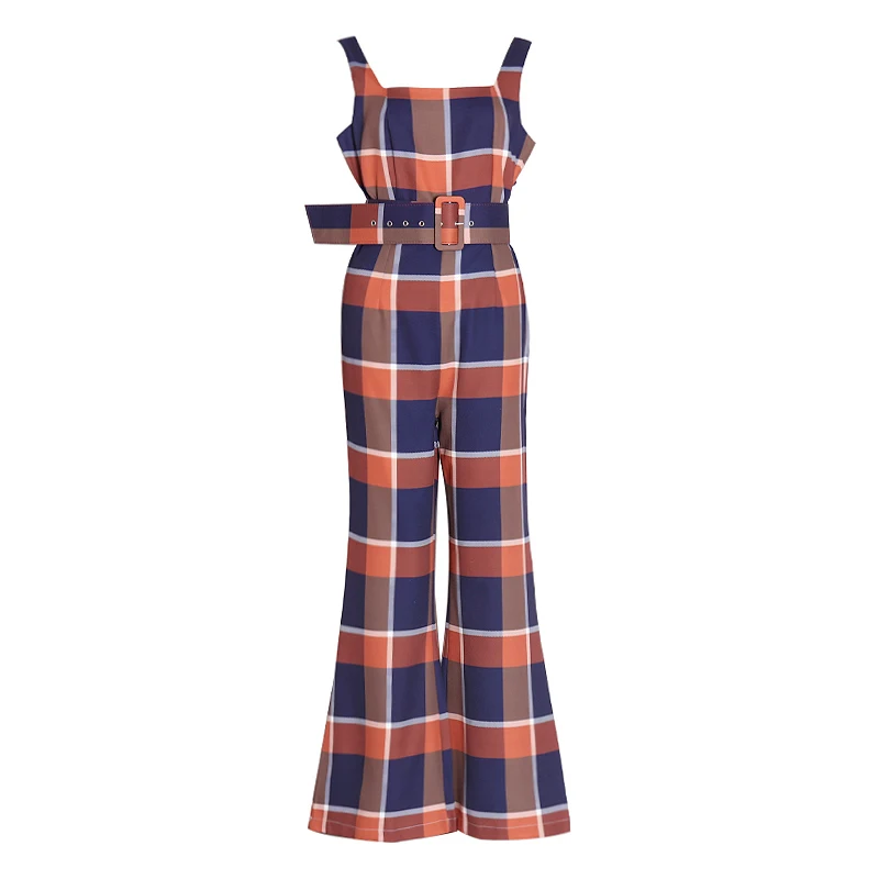 TWOTWINSTYLE Vintage Plaid Jumpsuits For Female Square Collar Spaghetti Strap High Waist With Sashes Flare Women's Jumpsuit Tide