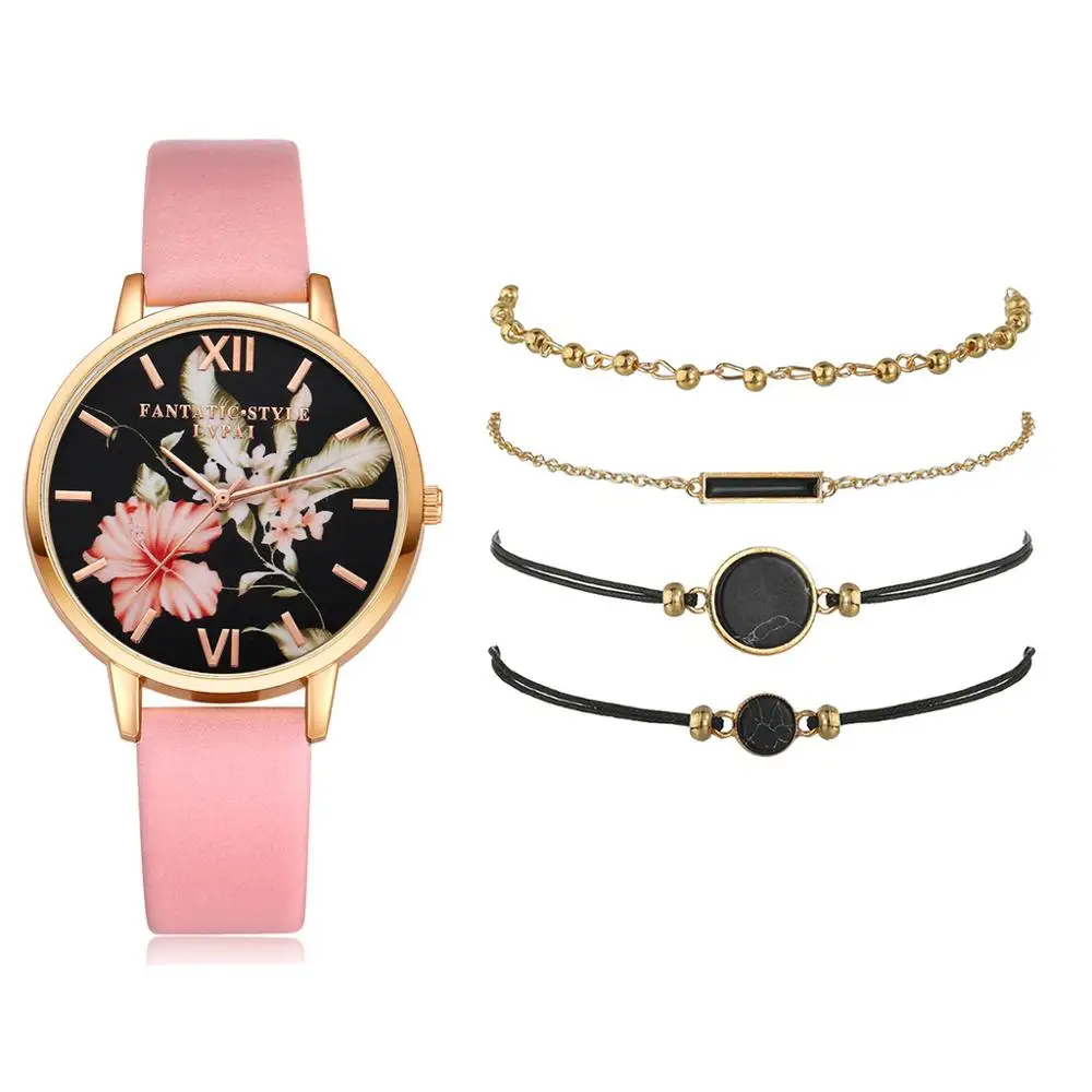 Pink 5pcs Set Lvpai 5 шт. набор Lvpai Брендовые женские часы браслет дамский браслет Часы повседневные кожаные кварцевые наручные часы Часы Relogio Feminino - Цвет: Pink 5pcs Set