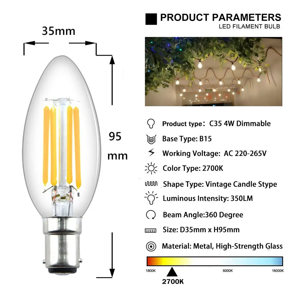 С регулируемой яркостью штык B15 светодиодный Светодиодная лампа 4 Вт C35 Светодиодный лампа-свеча с нитью накаливания 40W лампа накаливания