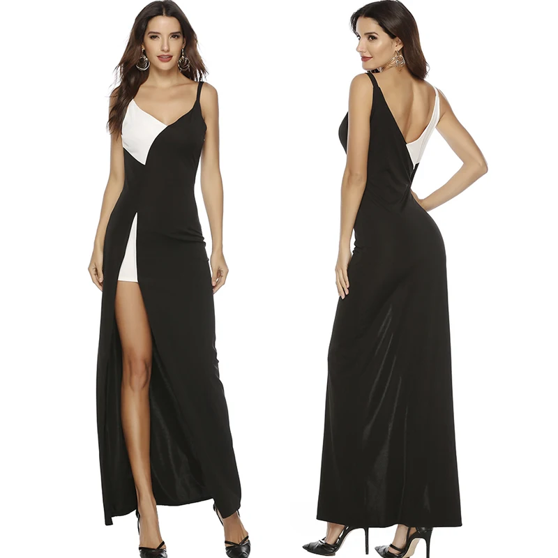 Сексуальное женское длинное платье Vestido de Fiesta черный белый цвет с разрезом