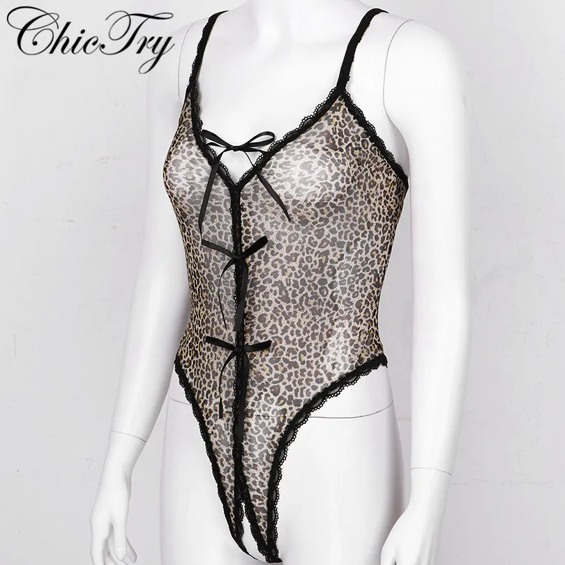 Top Beachwear Crotchless Chictry Bodysuit Leotard Deep-V-Neck Fashion Women Bow Vest