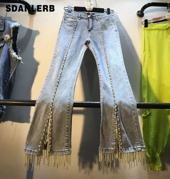 

Black Flare Jeans Pants Women Autumn Winter Wear Hand Studded Pearl Fringe High-waist Slim Stretch Skinny Jeans Trousers Mujer
