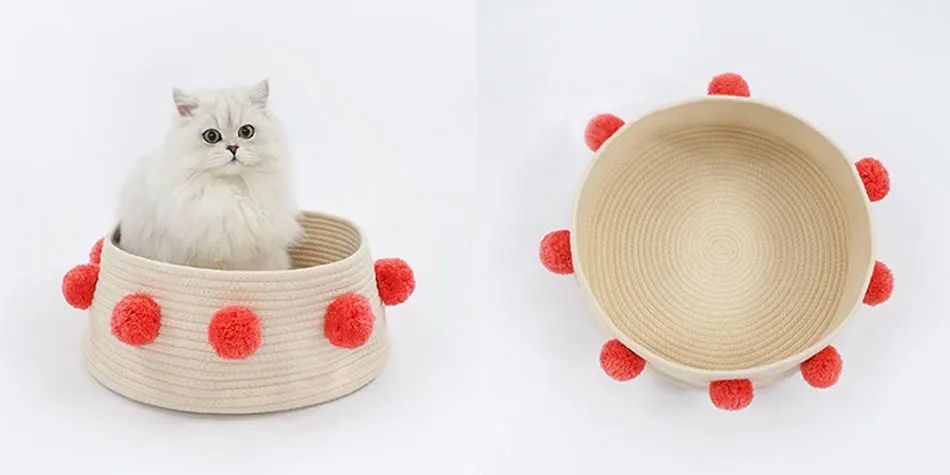 Weave Cat Bed House Dog Bed For Small Dogs Cat Basket Pompon Decorate All Seasons Sleeping Bed Puppy Mat Supplies Pet Rest House-88