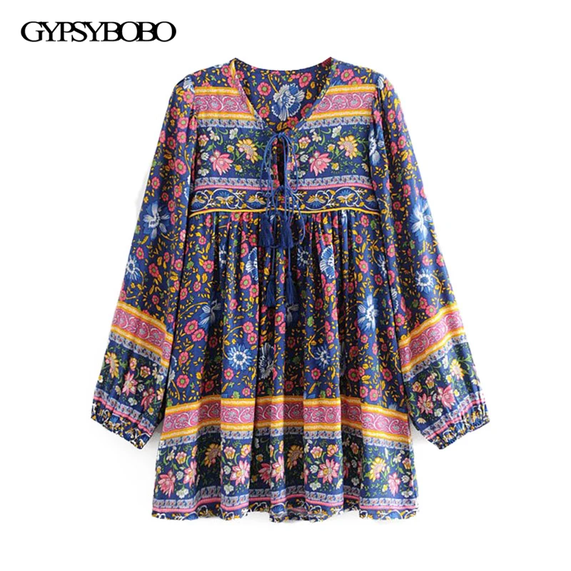 Цыганский Boho элегантные летние Винтаж Цветочный Принт Кисточкой Плиссированные Длинные Блузки Для женщин модные пляжный костюм с длинным