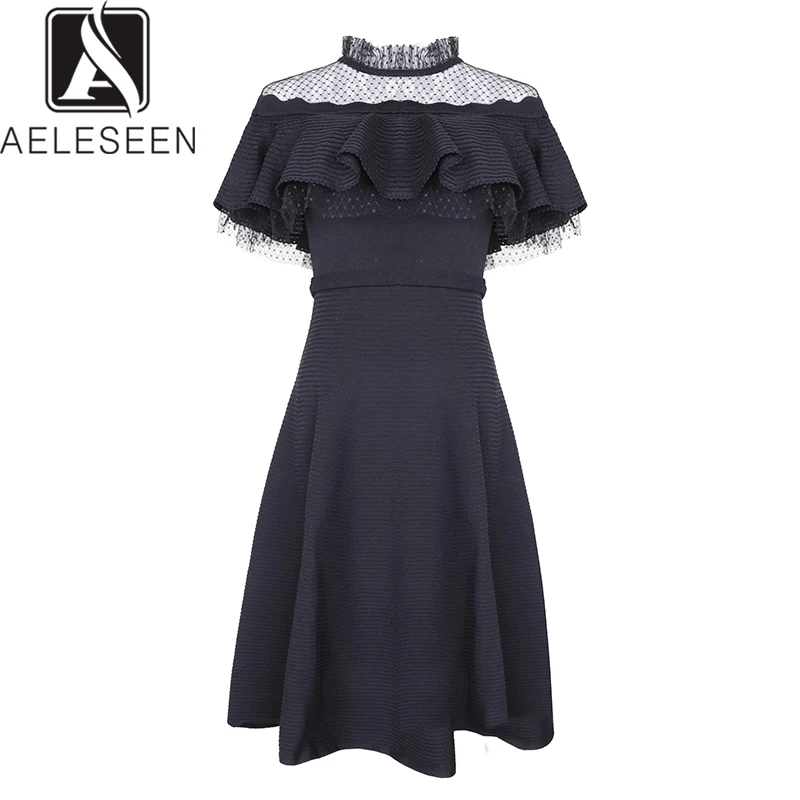 AELESEEN New Fashion Autumn Luxury Lace Transparent Shoulder Elegant Ruffled Sleeve Highly Elastic Knitting Midi Dress
