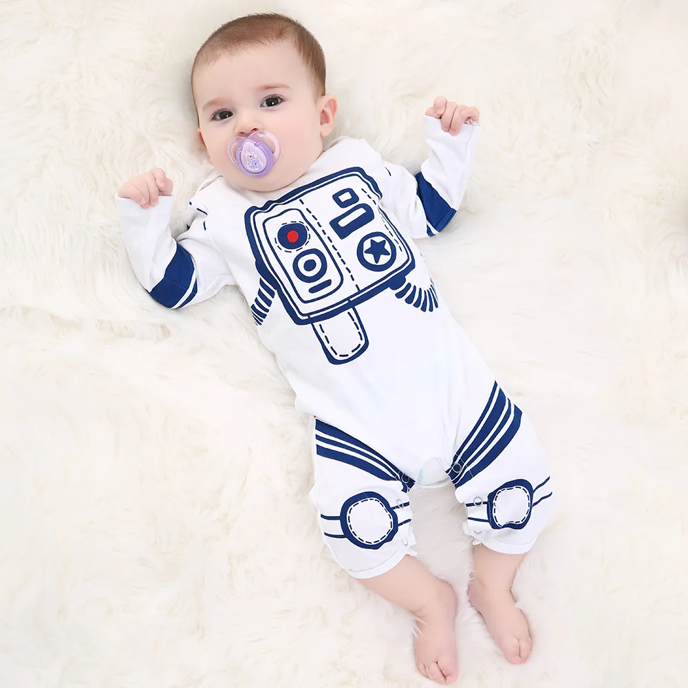 Одежда с рисунком космонавтов для маленьких мальчиков и девочек от 0 до 24 месяцев Шапочка+ комбинезон, хлопковый комбинезон с длинными рукавами, Детский костюм для новорожденных