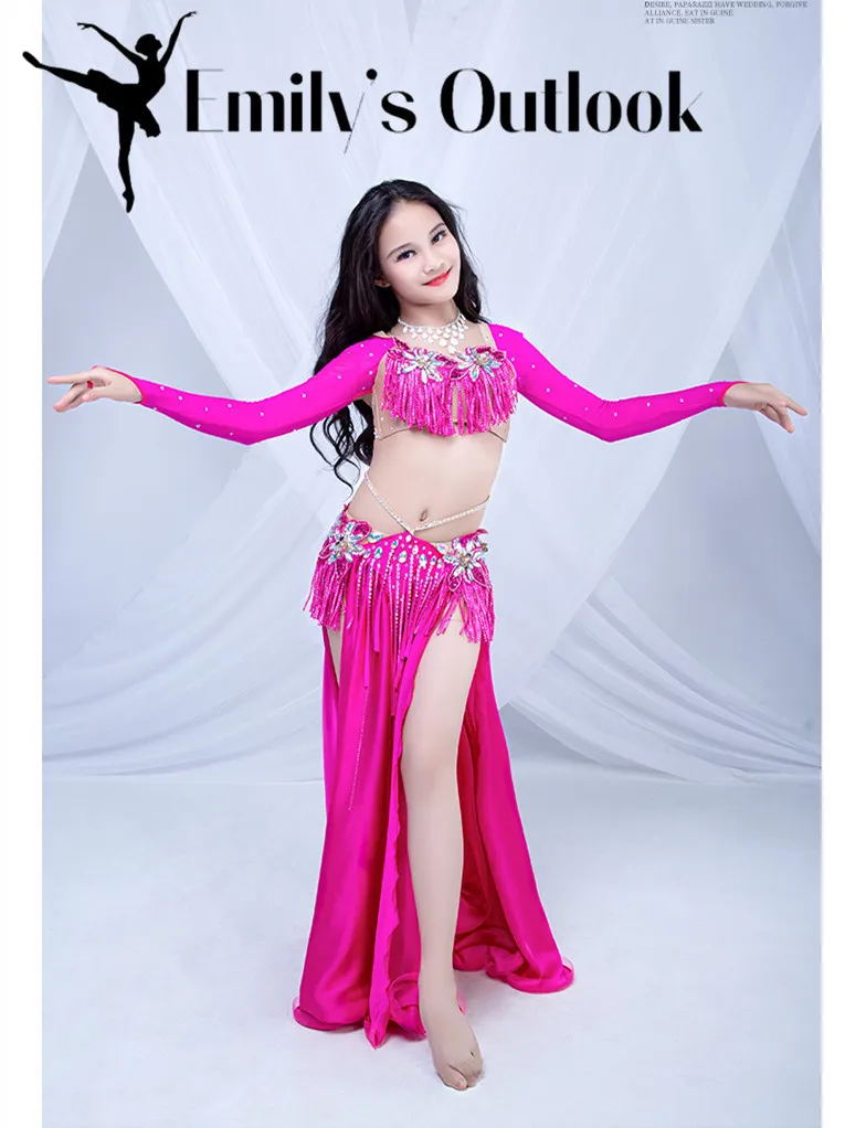 Kids Children Belly Dance Stage Show Performance Costume 2 Piece Set(Long Sleeve Top Side Slit Skirt) Luxury Girl Oreintal Dress
