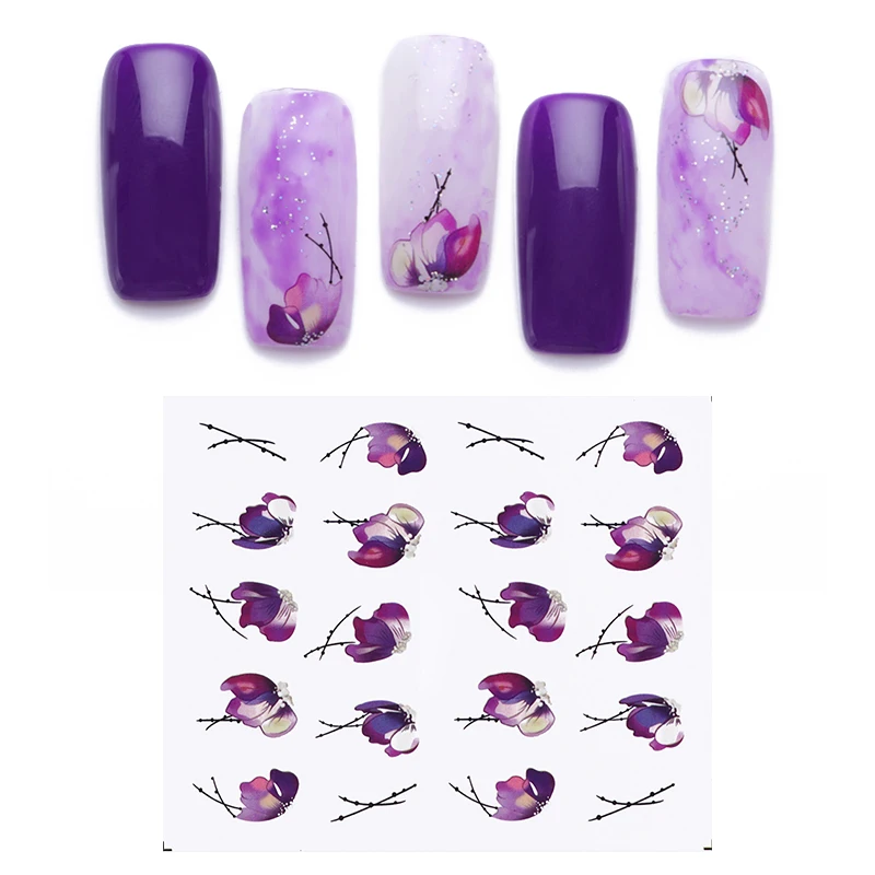 

1 Sheet Nail Art Stickers Water Flower Image Purple Color Print Nail Transfer Decoration for DIY Nail Art Design Manicur