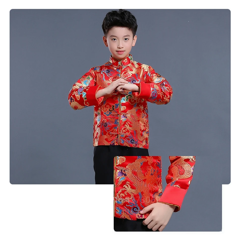 Новогоднее платье Hanfu в китайском стиле для мальчиков и девочек красные костюмы для народных танцев с вышивкой в стиле Танг для сцены 110-160 см