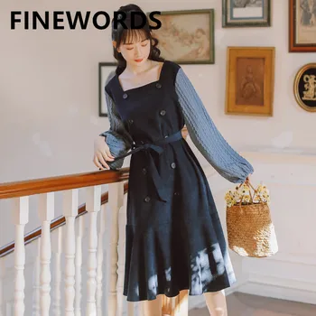 

FINEWORDS 2020 Square Collar Vintage Dress Slim Sashes Elegant Spring Dress Long Sleeve Knee-length Gentlewomen Blue Party Dress