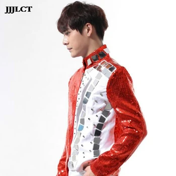 

Sequined reflective lens rivet jacket performance clothing nightclub male singer bar DJ rock punk red costume