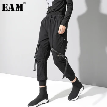 

[EAM] High Elastic Waist Black Buckle Split Joint HaremTrousers New Loose Fit Pants Women Fashion Tide Spring Autumn 2020 1N787