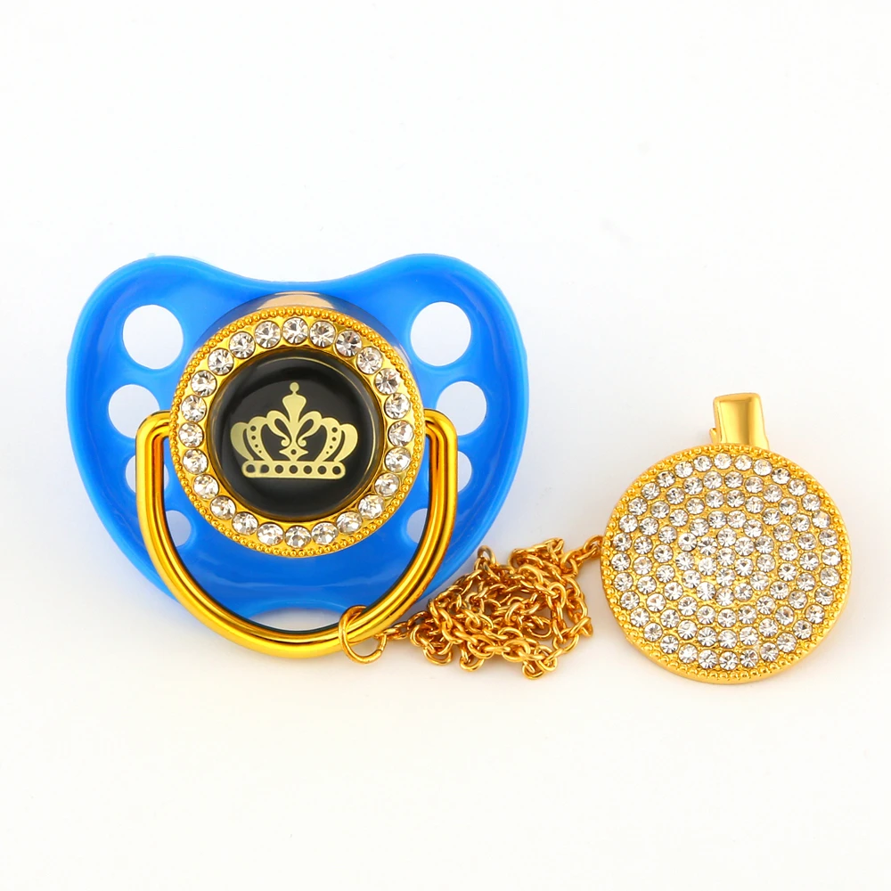 Luxury Baby Bling Pacifier Rhinestone Blue Crystal Orthodontic Nipple Silicone Soother Crown Baby Dummy Pacifier Clip