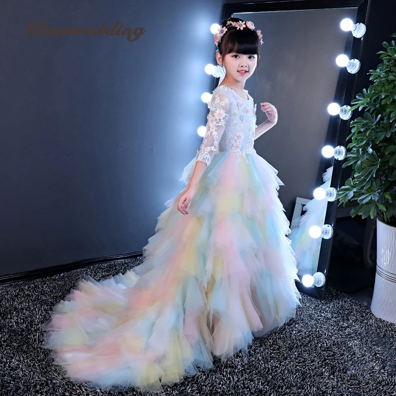 Gorgeous Princess Pageant Evining Dress Cascading Ruffles Flowers Girl Dress For Wedding First Communion Dress For Girls