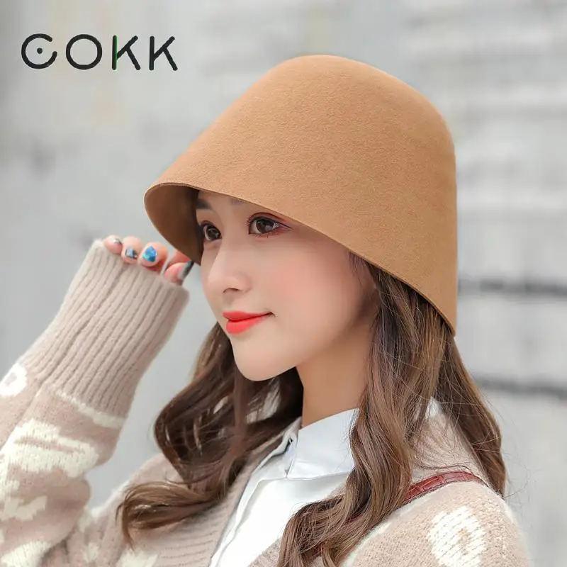 COKK, женские шапки, шерстяные фетровые шляпы для женщин, модная Мягкая шерстяная теплая шапка-ведро, женская шапка для церковного платья, зимняя женская шапка