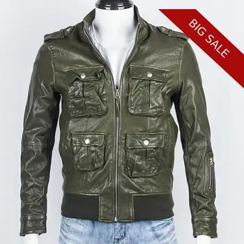 

2020 Green Men Four Pockets Casual Leather Jacket Plus Size XXXL Genuine Thin Sheepskin Russian Spring Natural Leather Coat