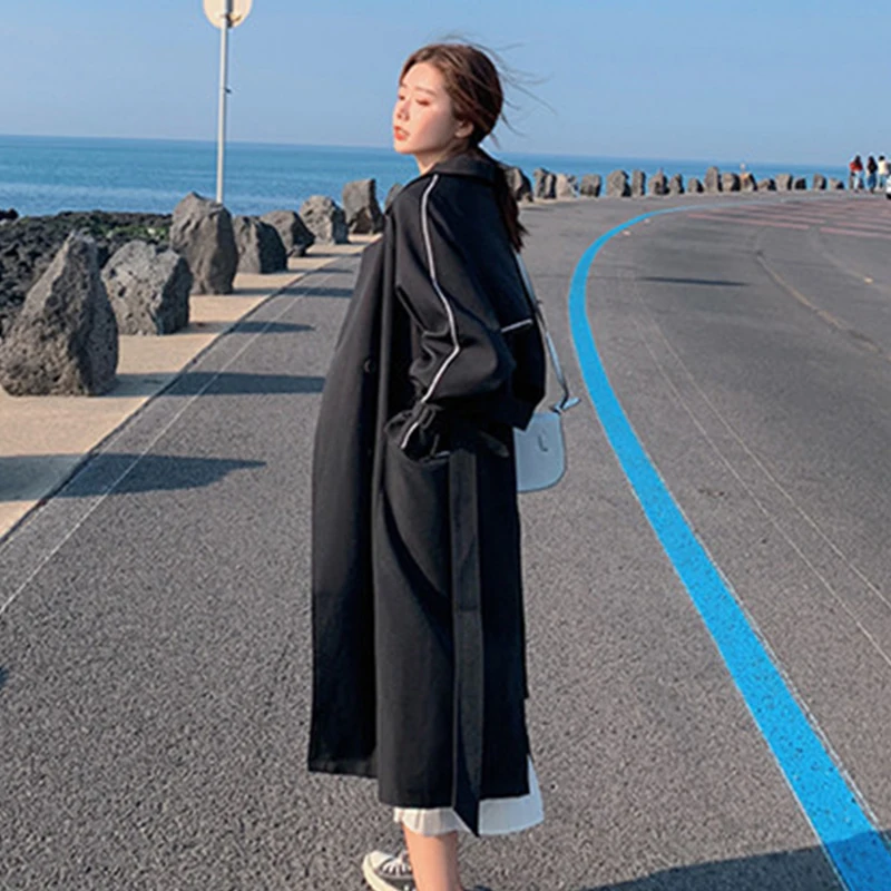Casual Women's Autumn X-Long Trench Coat With Sashes Coats Ladies Black Chic Double Breasted Turn Down Collar Outwear Female