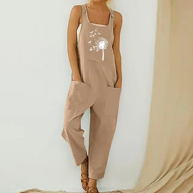 Womens Dungarees Print Rompers 2021 Summer New Ladies Casual Loose Linen Cotton Jumpsuit Sleeveless Pocket Overalls Playsuit 3A1890-Pink