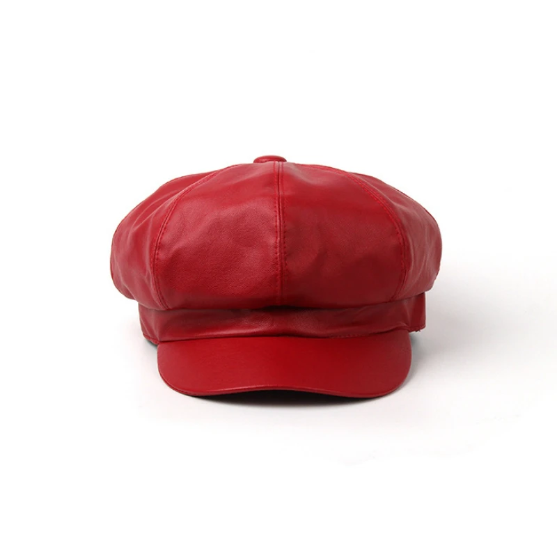 Beret Autumn and Winter Women Pu Leather British Fashion Beret Women's Shade Solid Color Casual Military Hats