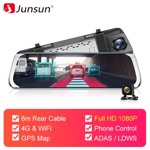 Junsun ADAS Android зеркальная камера Full hd 1080P двойной объектив зеркало заднего вида Автомобильный видеорегистратор wifi 4G Bluetooth gps навигатор Авто рекордер - Название цвета: F1080p 6m cable