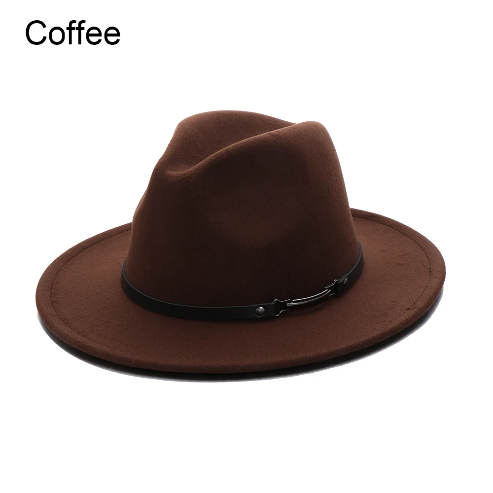 coffee 1 шт. осенне-зимние фетровые шляпы-фетры, шляпа с широкими полями, ковбойская шляпа с пряжкой на ремне, Панама для мужчин и женщин, модная винтажная джазовая шляпа - Цвет: coffee