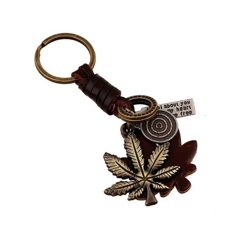 

Europe And America Punk Accessories Glorious Alloy Maple Leaf Leather Keychain Retro Weaving Men Cattle-leather Key Ring