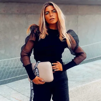 

Women Mesh Puff Long Sheer Sleeve Sweater Turtle Neck Top Pullover Blouse Shirts Lady Elegant Sexy Slim Bodycon Lace Up Fashion