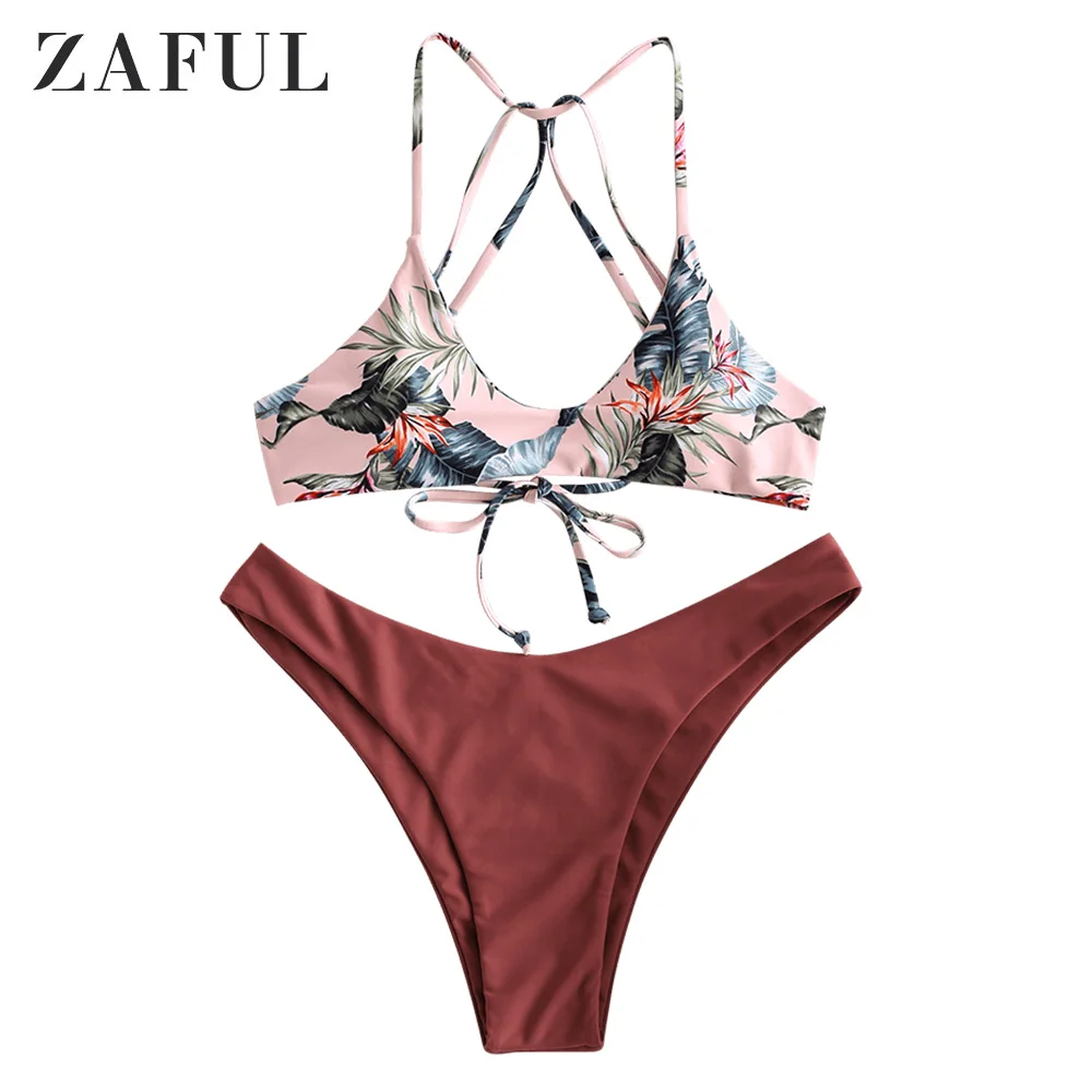 ZAFUL Бикини Женщины Цветочные Strappy Mix Match Набор Бикини Мягкие Ремни Тонкий Провод Бесплатный Купальник Strappy Купальники Купальный Костюм - Цвет: Chestnut
