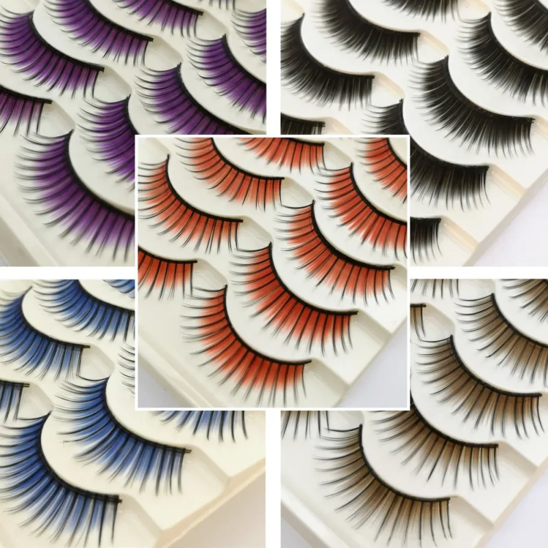 

Cross Section Red Blue Brown Black Purple False Eyelashes Smoked Makeup Stage Makeup Fake Eye Lashes Party Halloween 5Pairs