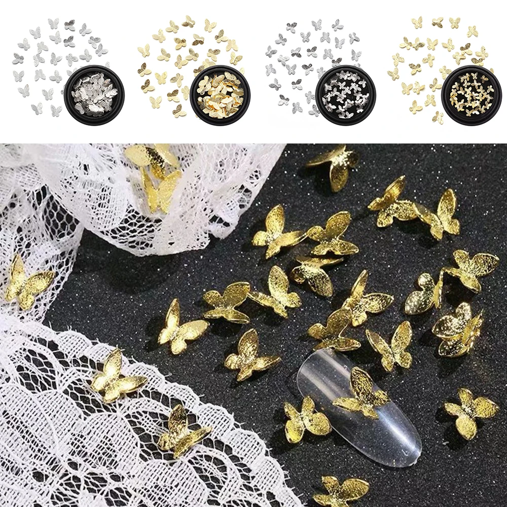 30Pcs/Boxed Gold Silver Metal Butterfly Nail Flakes 3D Sticker Rhinestones Frosted Art Jewelry DIY Decor | Красота и здоровье