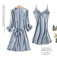 Женские пижамные комплекты, халат с поясом, жилет, комплект из 2 предметов, атласная пижама, спагетти ремень, кружевная Шелковая пижама, пижама для сна