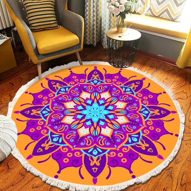 ​Home Decor Retro Bohemian Round Carpet Hand Woven Cotton Linen Carpet Rug Bedside Rug Geometric Floor Mat Living Room Carpet C