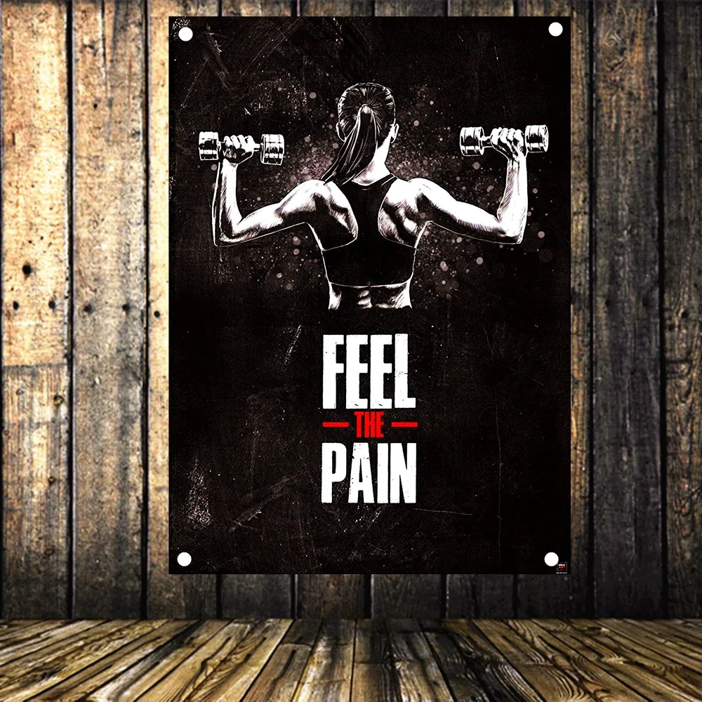 

FEEL THE PAIN Vintage Exercise Fitness Banners Flag 4 Gromments in Corners Sports Inspirational Posters Tapestry Gym Wall Decor