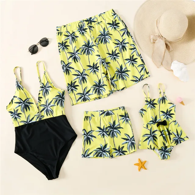 Leaf Print Swimsuit Family Matching Look Swimwear For Mom Daughter Mommy and Me Clothes Baby Girls Bikini Dad son Swim trunks