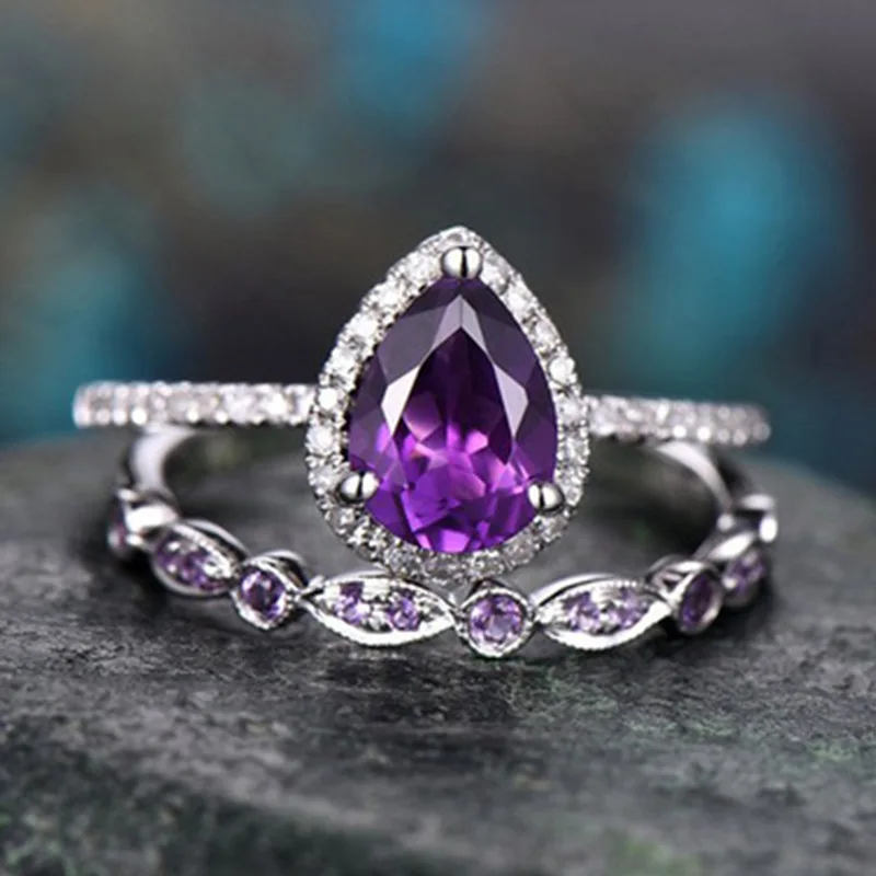 Vintage 2Pcs/Set Purple Stone Engagement Rings Women 's Drop Shape Zircon Bridal Wedding Ring Set Jewelry Gift