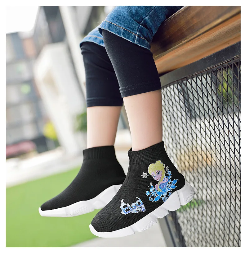 Г. Высокие сетчатые носки для девочек детские повседневные кроссовки, модные детские школьные слипоны, Брендовая обувь принцессы Эльзы