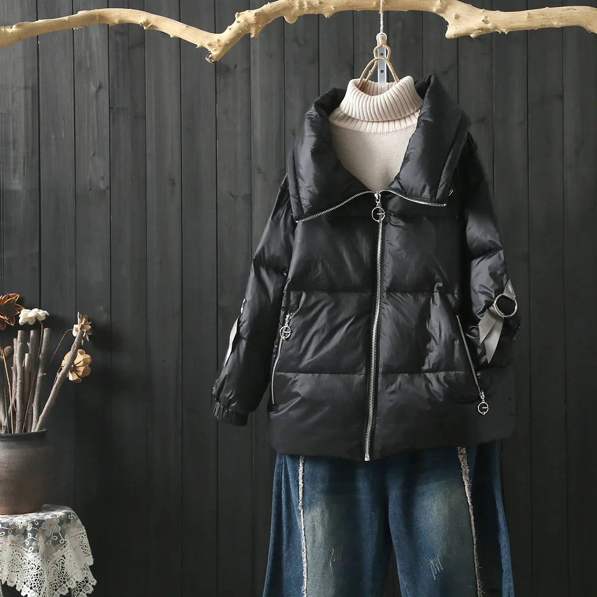 Winter New Style Loose Casual Webbing Design Fold-down Collar Short down Jacket WOMEN'S Dress er se ru