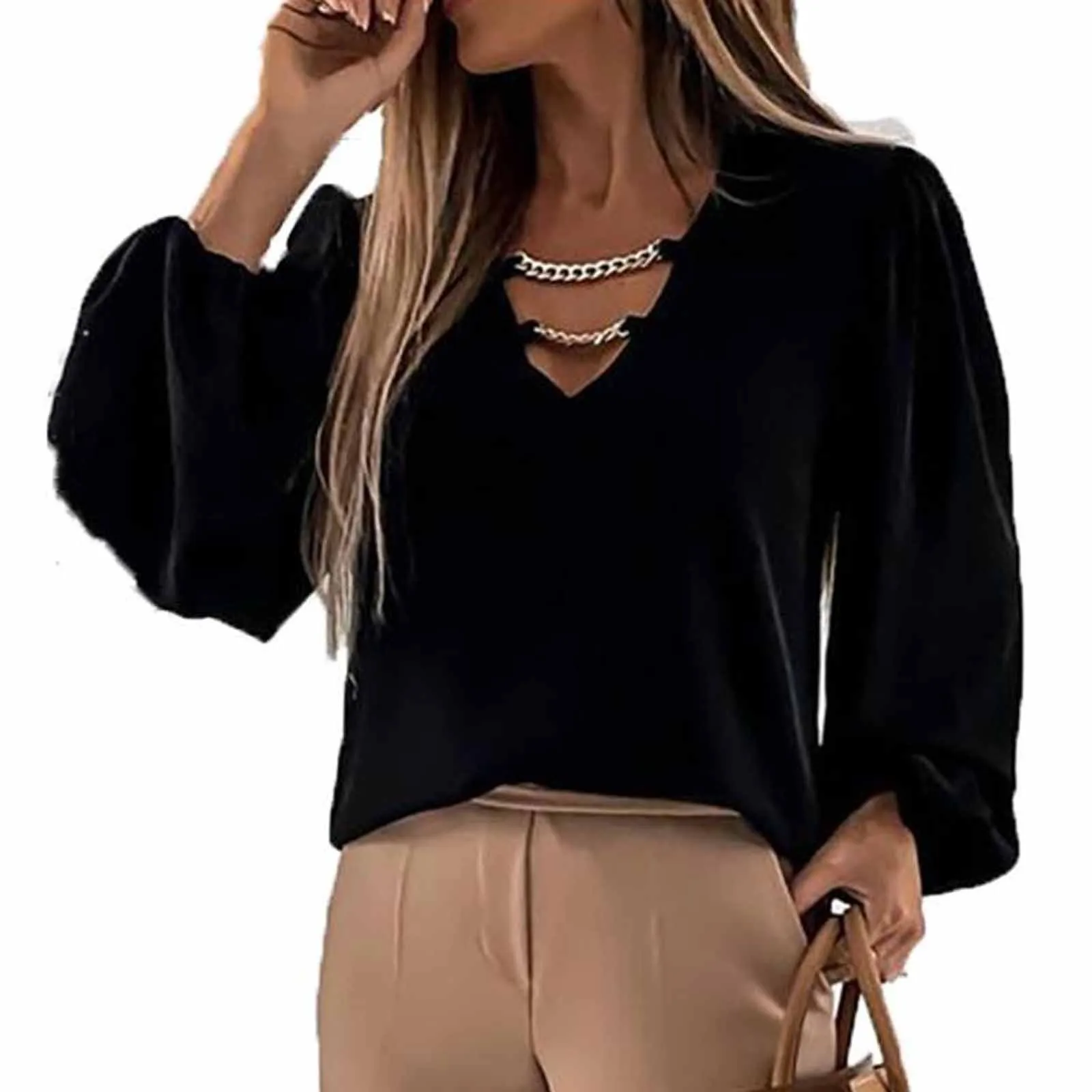 lantern Sleeve Chain Women’s Blouses Fashion Spring Autumn Loose Long-sleeved Femme Clothing V-neck Western Style Female Shirt