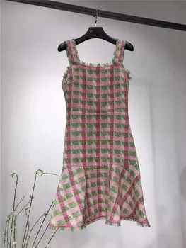 

Tweed Pink Green Plaid Ladies Spaghetti Strap Dress Sling Women Mini Dress Female Short Clothes With Zipper Holiday