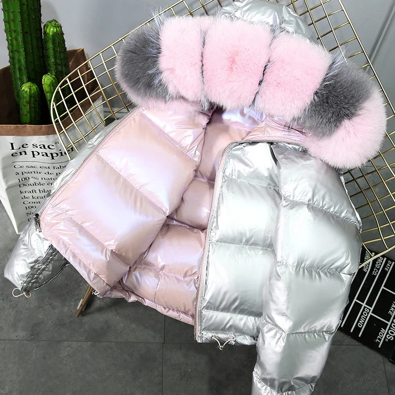 pink faux fur Зимняя куртка FIONTO, Женское пальто с натуральным мехом, Воротник из натурального Лисьего меха, свободный пуховик, куртка на белом утином пуху, Толстая теплая пуховая парка - Цвет: pink faux fur