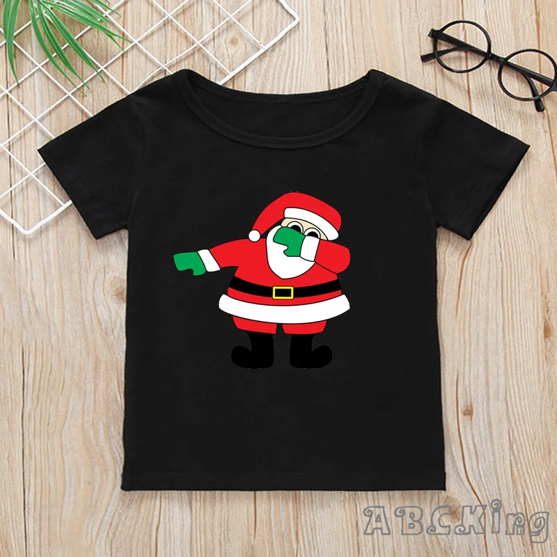 Детская футболка с принтом «веселое Рождество», с изображением Санта-Клауса топы с короткими рукавами для мальчиков и девочек, детская забавная черная футболка HKP5112 - Цвет: Modal Black E