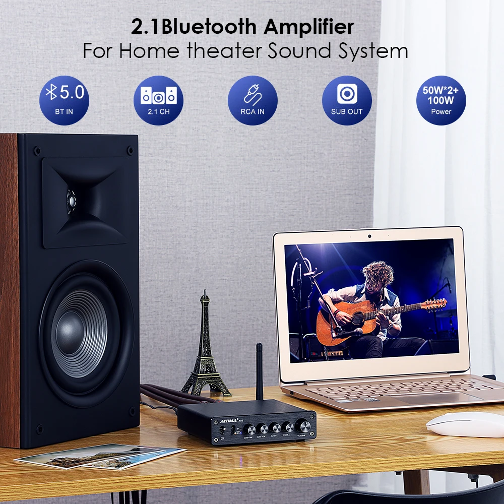 AIYIMA A03 TPA3116 Amplificador Subwoofer Audio Bluetooth Sound 2.1 50Wx2+100W HiFi TPA3116D2 Digital Power Home Amplifier 6