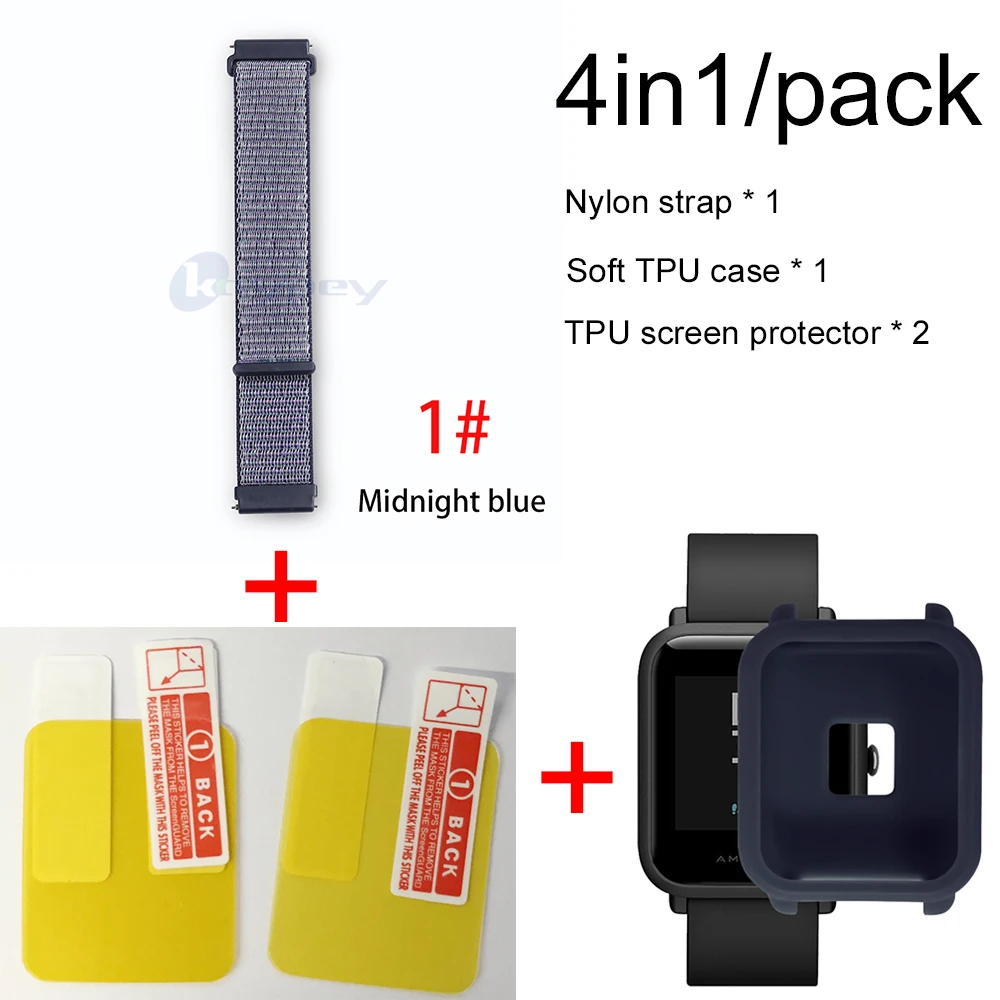 4в1/упаковка нейлоновый ремешок для Xiaomi Huami Amazfit Bip BIT Youth Watch ремешок на запястье браслет Резина Amazfit bip мягкий чехол - Цвет: 1-Navy blue case