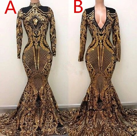 Modern Long Sleeve Mermaid Prom Dresses New Long Sleeve Sparkly Sequined Sweep Strain Two Style Formal Evening Gowns Party Dress