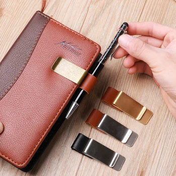 

1PC Handmade Leather Stainless Steel Clip Brass Pen Holder Journal Notebook Paper Pen Folder Multi-Functional Clip Office Supply