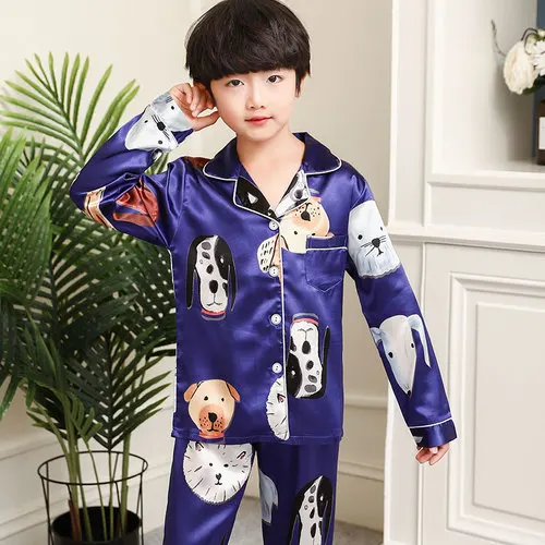 Пижамы для девочек коллекция года; сезон осень-зима; детская одежда для сна с длинными рукавами; комплект шелковых пижам для мальчиков; пижамные комплекты для детей; комплект одежды для сна - Цвет: c hc lan shi zi