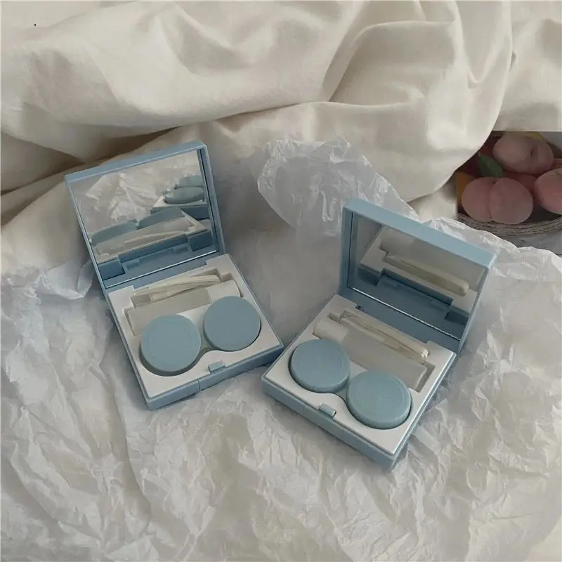 Eye contact lens case for men and women cute mini solid color contact lens container eye care kit with tweezers