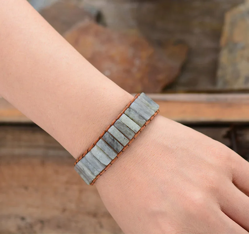 New Fashion Bracelets Light Labradorite Single Boho Leather Wrap Bracelet Semi Precious Stone Beaded Cuff Bracelet Dropship
